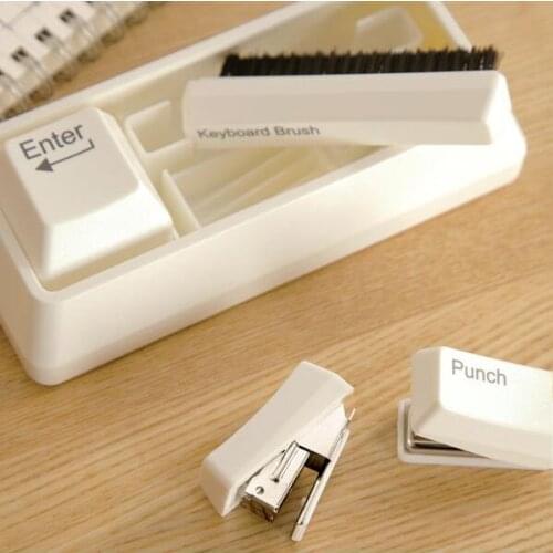 Mini Stapler Hole Punch Keyboard Brush Clip Holder Set Keyboard Stationery