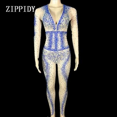 Fashion Sparkly Rhinestones Mesh Women Birthday Celebrate Perspective Bodysuit Sexy Belt Costume Performance Evening Wear