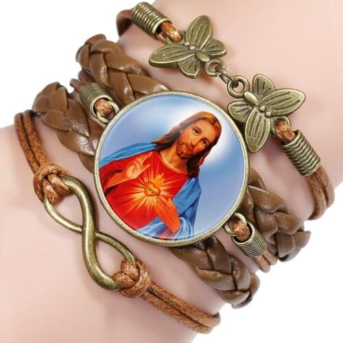 Our Lady Prayer Religious Infinity Bracelet Vintage Jesus Portrait Glass Cabochon Leather Bracelet Bless From Gold Virgin Mary
