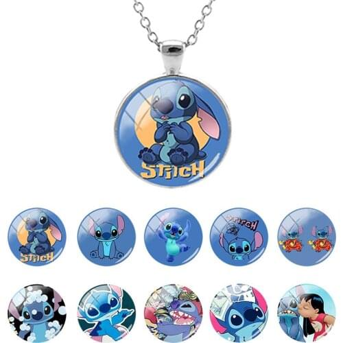 Disney Lilo & Stitch Steve Classic Pictures Flat Bottom Glass Dome Pendant Necklace for Kids Cabochon Jewelry Hot Sale DSN453
