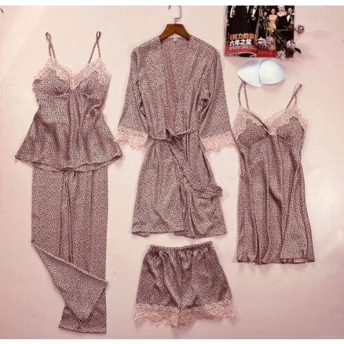 Pink Leopard 5PCS Lady Pajamas Suit Spring New Sleepwear Intimate Lingerie Satin Lace Sleep Set Nightwear Casual Home Clothing