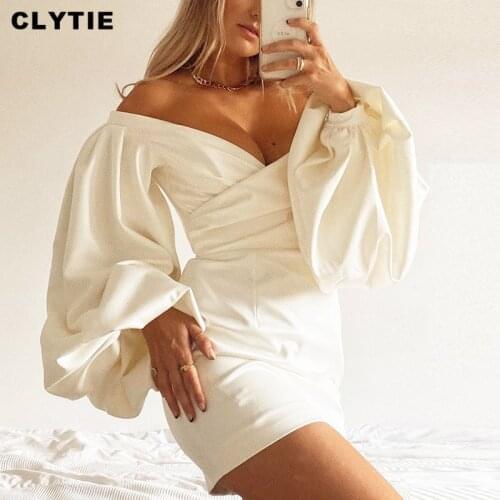 Clytie 2021 New Puff Sleeve Dress Women White Color New Spring Ladies Streetwear Bodycon Night Club Mini Dresses