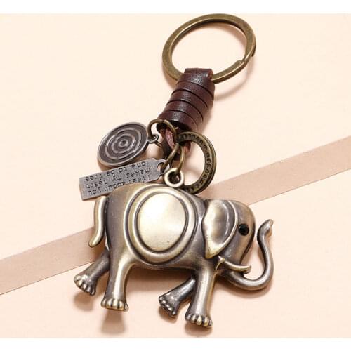 Woven Alloy Elephant Pendant Leather Keychain Charms Handmade Animal Key Chain Ring Holder Keyring Car Accessories Friends Gift