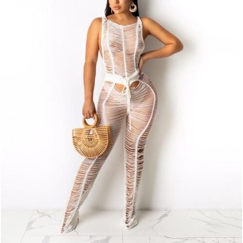 Beach Sexy Jumpsuit Women Overall Solid Color Hollow Out Summer Knitted Sleeveless See Through Beachwear Female jumpsuits