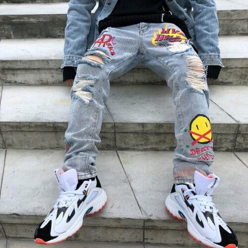 Hole Flame Graffiti Painted Skinny Jeans Ripped for Men Straight Casual Large Size Hip Hop Trousers Winter Jeans Pants