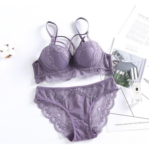 Sexy High Quality Women Solid Color Lace Bra Set Silk Lace Push up Plus Size Underwear Bow Bra and Hollow Panties Set