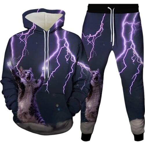 Galaxy Lightning Animal Cat 3D Printed Mens Sets Women Sportswear Tracksuit Hoodies+Trousers 2Pcs Clothing Suit Plus Size S-6