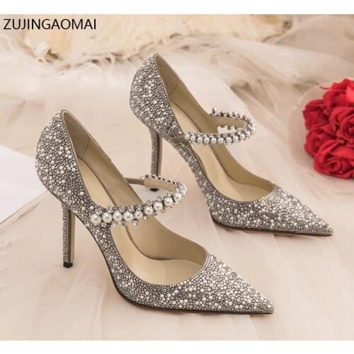 Pearl High Heels Shoes Women Basic Pumps 2021 Suede Shiny Rhinestones Mary Jane Shoes Pearl Heels Fashion Party Sexy Women Shoes