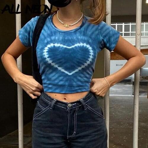 ALLNeon E-girl Streetwear Tie Dye Short Sleeve T-shirts Y2K Aesthetics Heart Print O-neck Short Sleeve Baby Tees Blue Crop Tops
