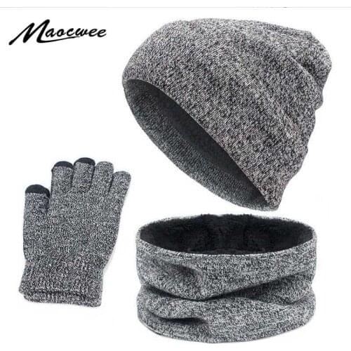 Girl Women Solid Warm Soft Cotton Beanie Hat Scarf Set With Lining Heater Thick Infinity Scarf Smart Touch Screen Texting Gloves