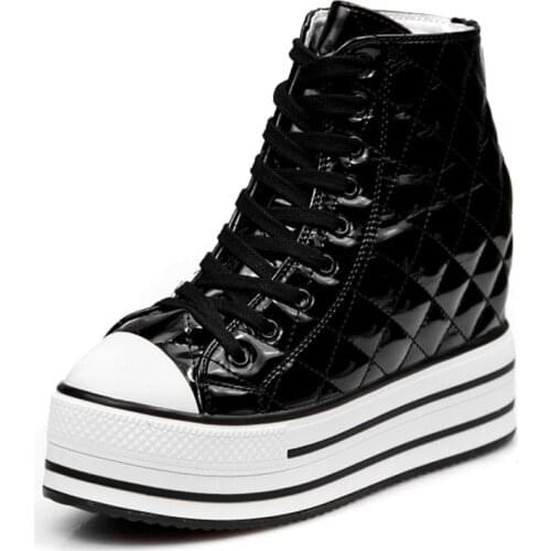 Womens Sneakers Casual Shoes Woman Leather Ankle Boots Lace Up Height Increasing Platform Hidden Wedge Shoes For Women 2019