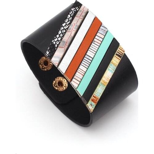 2021 Multicolor Shape PU Leather Bracelets For Women Girl Bangle Female Design Geometric Big Statement Jewelry Cool Wholesale