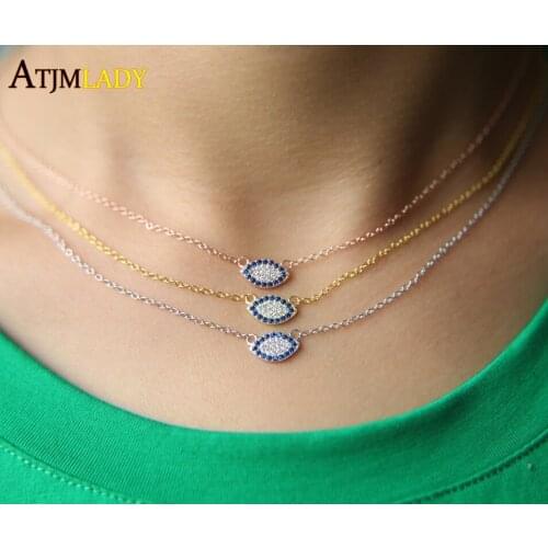 100% 925 Sterling silver bling 5a cz paved 3 Colors turkish evil Eye Charm fashion lucky women Girl Necklace