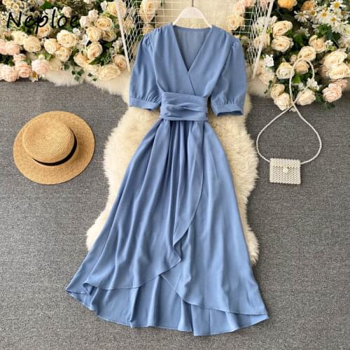 Neploe Fench Style Women Dresses 2021 New Solid Temperament Puff Sleeve Vestidos Sashes Irregular Split Ruffles Female Dress