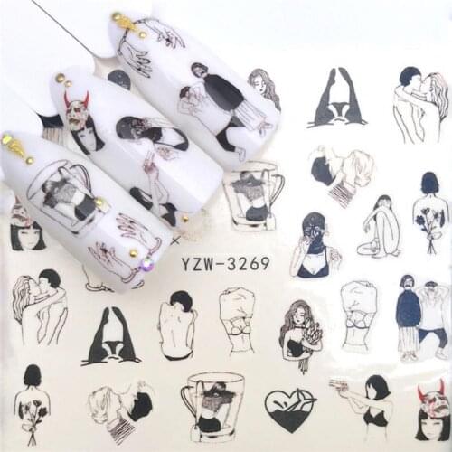 1PC Sexy Lady Shaped 3D Nail Stickers Character Face Image Leaves Flower Decals Slider Black White DIY Nail Art Decorarion