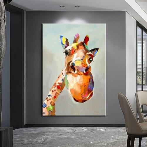 100% Hand Painted Cute Impression Colorful Giraffe Animal Abstract Oil Painting Canvas Wall Art Pictures Children Room No Frame