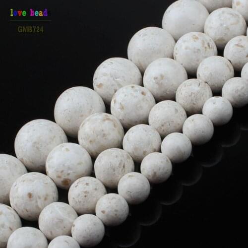 4/6/8/10mm Natural White Fossils Stone Round Loose Beads for Jewellery Making DIY Handicraft Beaded Bracelet 15'' strand