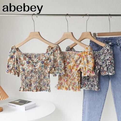 Women French Floral Blouse Sweet Puff Sleeve Square Collar Ruffles Tops Summer Boho Print Elastic Ruched Short Blouses