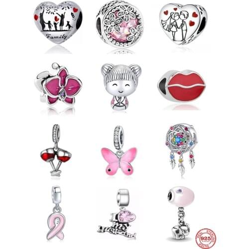 100% 925 Sterling Silver Pink Wine Cup Dangle Beads Fit Original Pandora Charms Bracelets DIY Women Jewelry