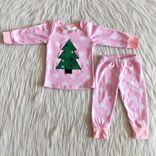 100% Cotton Winter Children Pajamas Set Girls Dot Christmas Outfits Toddler Christmas Tree Pink Color Clothes With Embroidery