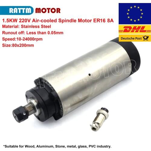EU Free 1.5KW 220V ER16 Vat Air Cooled CNC Lathe Spindle Motor 24000rpm 4 Bearings 8A 80x200mm