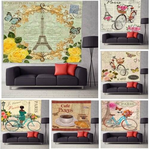 Retro Tapestry Landscape France Tower Eiffel Home Decor Tapestry Wall Hanging for Living Room Bedroom Dorm