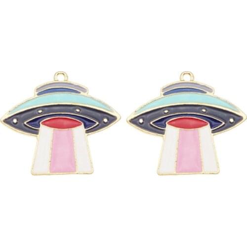 Julie Wang 3PCS Enamel Cartoon UFO Charms Alloy Gold Tone Spaceship Pendant Bracelet Jewelry Making Accessory