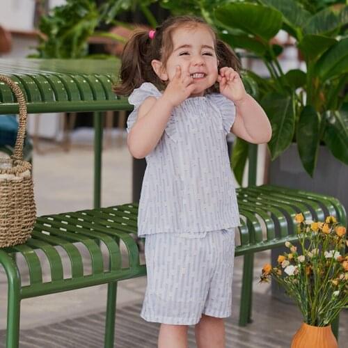 Hollead 2 Piece Set Girl Clothes Summer Set Lotus Sleeved T Shirts Shorts Cute Cotton Tops Kids Outfit 2021 Fashion Striped Suit