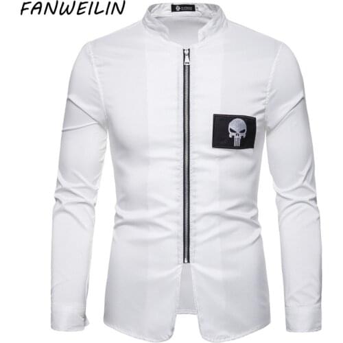 2021 Autumn New Mens White Vintage Slim Fit Shirts Fashion Skull Embroidery Stand Collar Long Sleeve Zip Up Shirt Vetement Homme