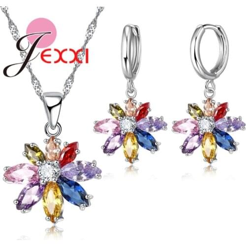 Colorful Cubic Zircon Pendants Necklaces Earring Set For Women Vintage 925 Sterling Silver Wedding Bridal Jewelry Sets