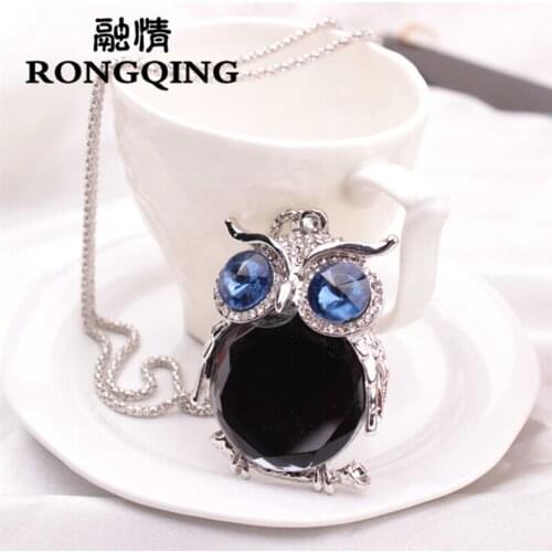 RONGQING New Arrival Crystal Night Owl Necklaces Women Cute Animal Pendant Necklace Jewelry Collares Largos