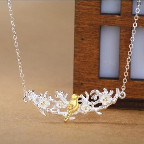 New Exquisite Animal Fashion 925 Sterling Silver Jewelry Plum Flower Cute Bird Branch Clavicle Chain Pendant Necklaces N174