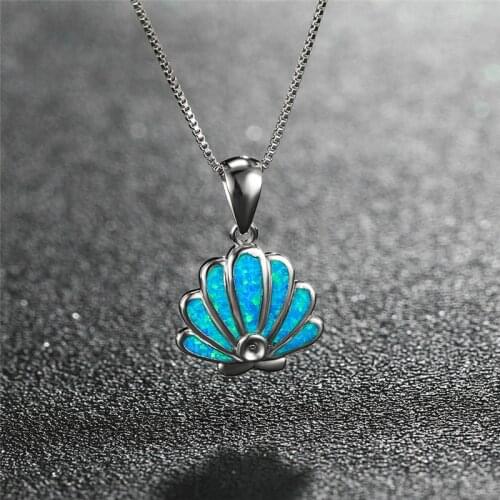 Cute Female Shell Conch Pendant Necklace Boho White Blue Opal Necklaces For Women Vintage Silver Color Wedding Jewelry