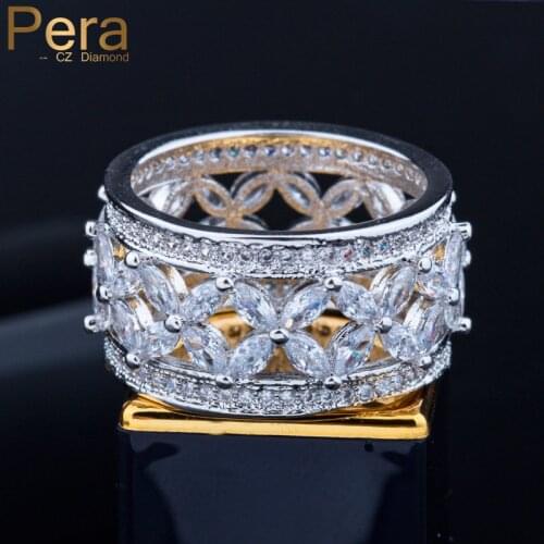 Pera Luxurious Women Wedding Engagement Party Big Hollow Out Flower Shape Cubic Zirconia Silver Color Finger Rings Jewelry R090