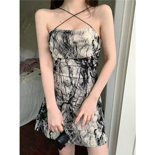 Tie-dye halter neck tube top strap dress womens summer 2021 new package hip dresses one-shoulder hot girl dress female