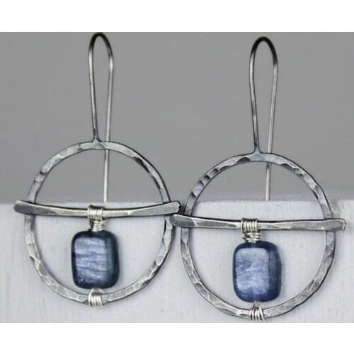 FYSL Silver Plated Round Hollow with Lapis Lazuli Dangle Earrings for Women Ethnic Style Jewelry