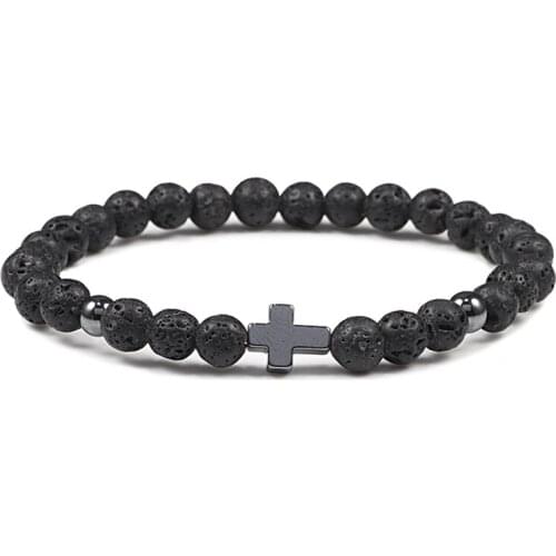 Simple 6mm Beads Cross Hematite Men Bracelet Natural tiger eye Lava Stone Strand Bracelets Women Fashion Jewelry Gifts pulseras