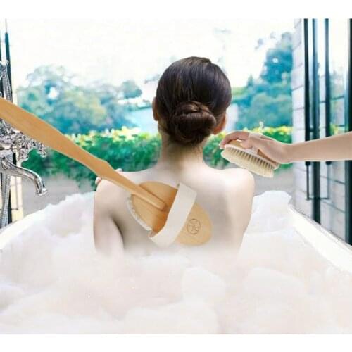 Natural Bristles Back Scrubber Shower Brush With Detachable Long Wooden Handle Dry Skin Exfoliating Body Massage Cleaning Tool
