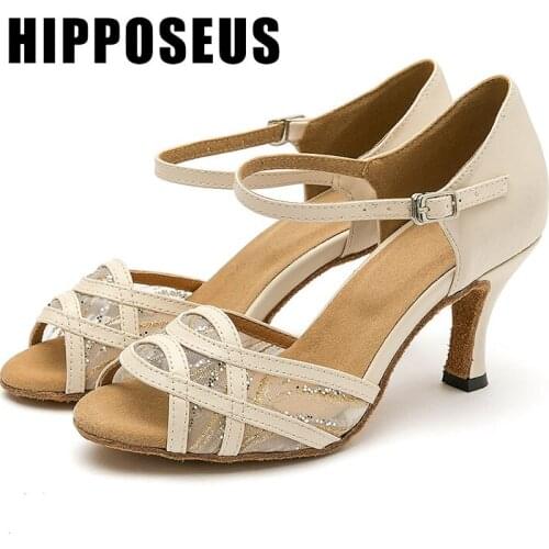 Hipposeus Dance-Shoes For Girls Women Ladies Ballroom Latin Modern Tango Jazz Dancing Shoes Mesh High Heels Salsa Shoes Sandals
