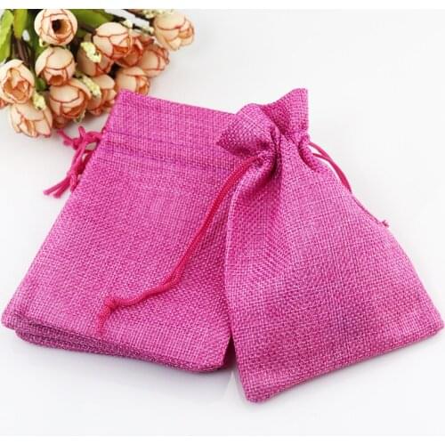 High Quality 100pcs/lot 10x14cm Hot Pink Linen Drawstring Jewelry Packaging Bags Jute Gift Wraping Pouches Accept Logo Printing