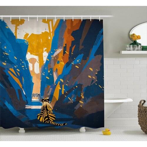 Fantasy Art House Shower Curtain African Tiger in City Streets Narrow Walls Digital Jungle Savannah Bath Curtains For Bathroom