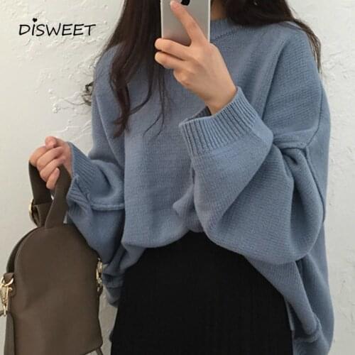 DISWEET 2019 Harajuku Solid Color Sweaters Vintage Loose Knitted Tops Womens Fashion Oversized Pullovers 2 Colors Clothing