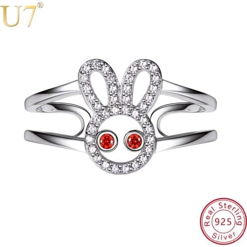 U7 925 Sterling Silver Adjustable Rabbit Ring Cubic Zirconia 2 Layers Finger Rings for Women Engagement Party Accessories SC211