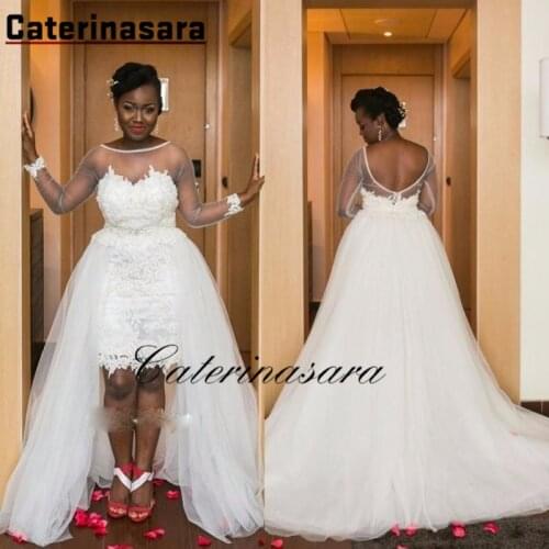 New Design Arabic High Low Wedding Dresses Sheer Long Sleeves Backless Appliques Charming Lace Bridal Gowns Vestid