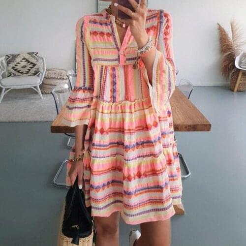 Plus Size Womens V-Neck Striped Print Dress Casual Flare Sleeve Mini Dress Female Boho Leisure A-Line Party Sundresses Vestidos