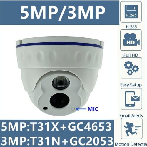 5/3MP IP Ceiling Dome Camera Integrate MIC Audio Indoor 42Mil LED T31X+GC4653 2592*1904 T31N+GC2053 2304*1296 H.265 IRC Onvif