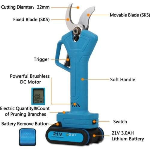 21V Rechargeable Cordless Lithium Pruning Shears Electric Fruit Branch Cutter Garden Secateur Pruner Cutting Tool