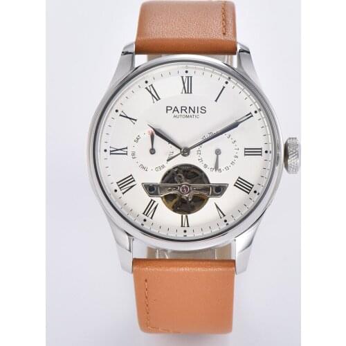 Parnis 43mm White Dial Automatic Mens Watch Leather Strap Date Week Flywheel Function Mechanical Wristwatch Men