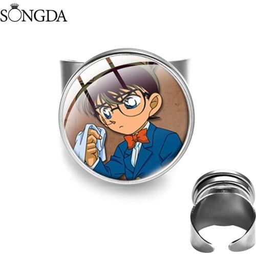 Detective Conan Case Closed Rings Handmade Glass Cabochon Art Photo Adjustable Kids Jewelry Silver Plated Souvenir Edogawa
