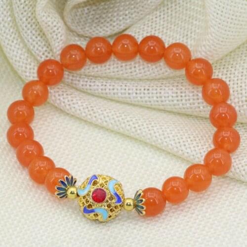 Elegant 8mm orange round stone beads bracelets jades chalcedony gold-color cloisonne hot sale gifts party jewelry 7.5inch B2691